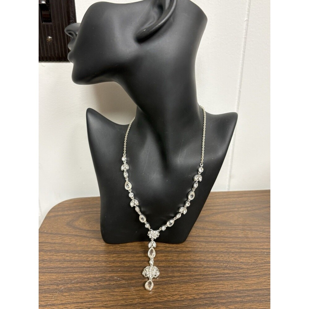 Signed CH Crystal Rhinestone Statement Necklace Silver Tone Drop Pendant J1